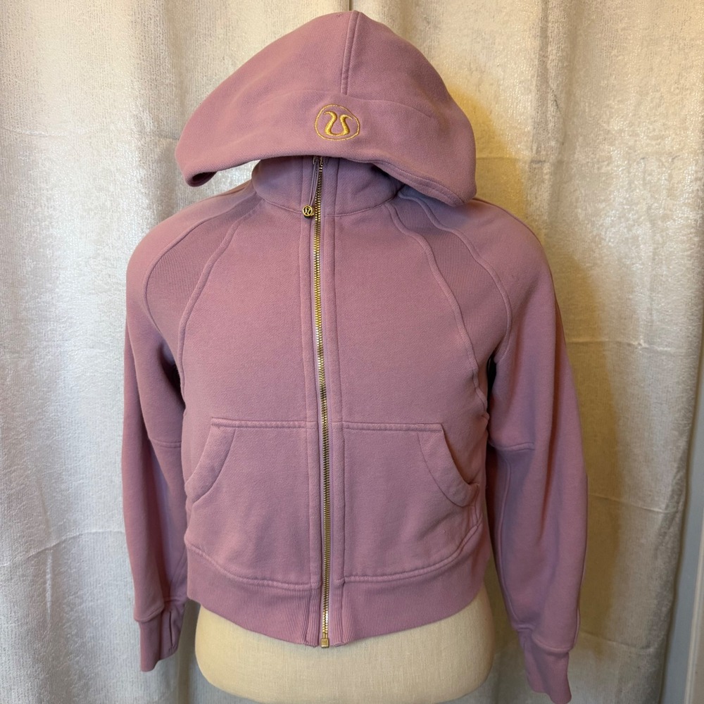 Lululemon Scuba Oversized Cropped Full Zip Hoodie XS/S Pink Mauve Gold Hardware